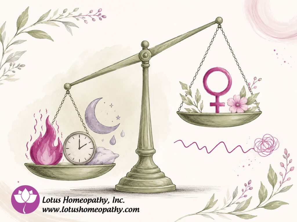 A drawing of scales out of balance with hormonal symptoms on one side and relief on the other.